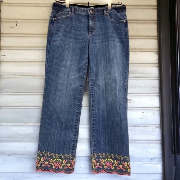 Ann Taylor Loft Embroidered Floral Cropped Denim Blue Jeans, Women's Size 10 - Picture 2 of 9